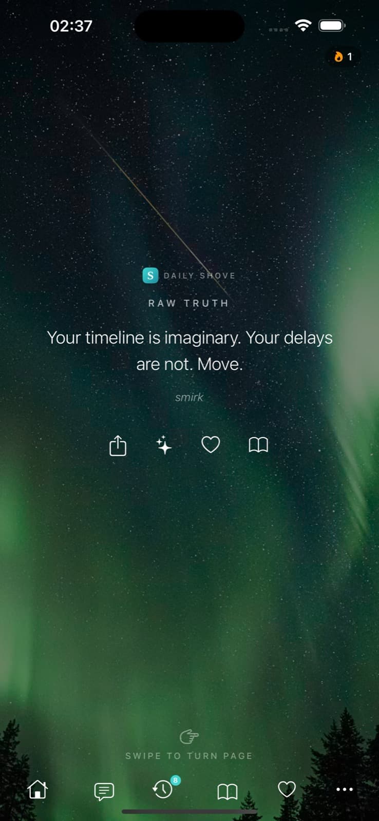Daily Shove in-app home screen with a daily message, saved-message controls, and navigation
