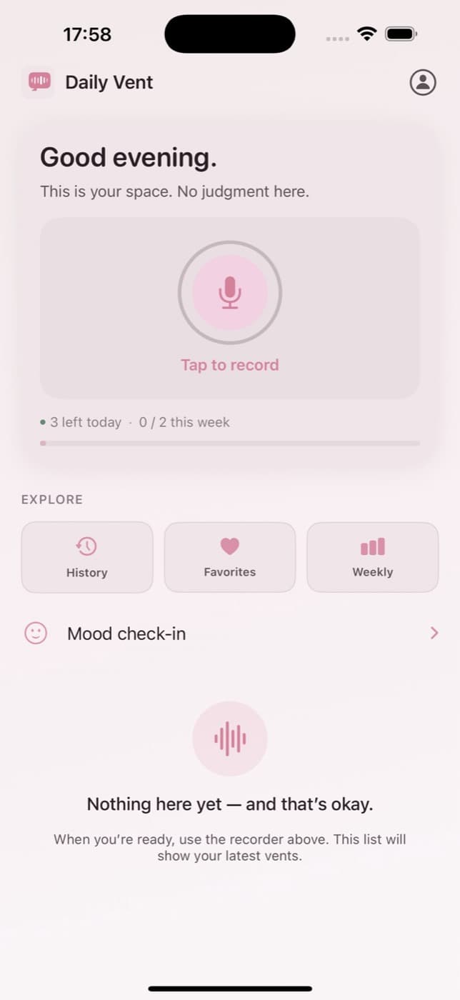 Daily Vent voice-journaling home screen
