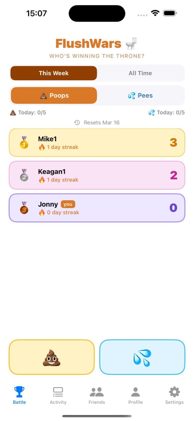 FlushWars app home screen