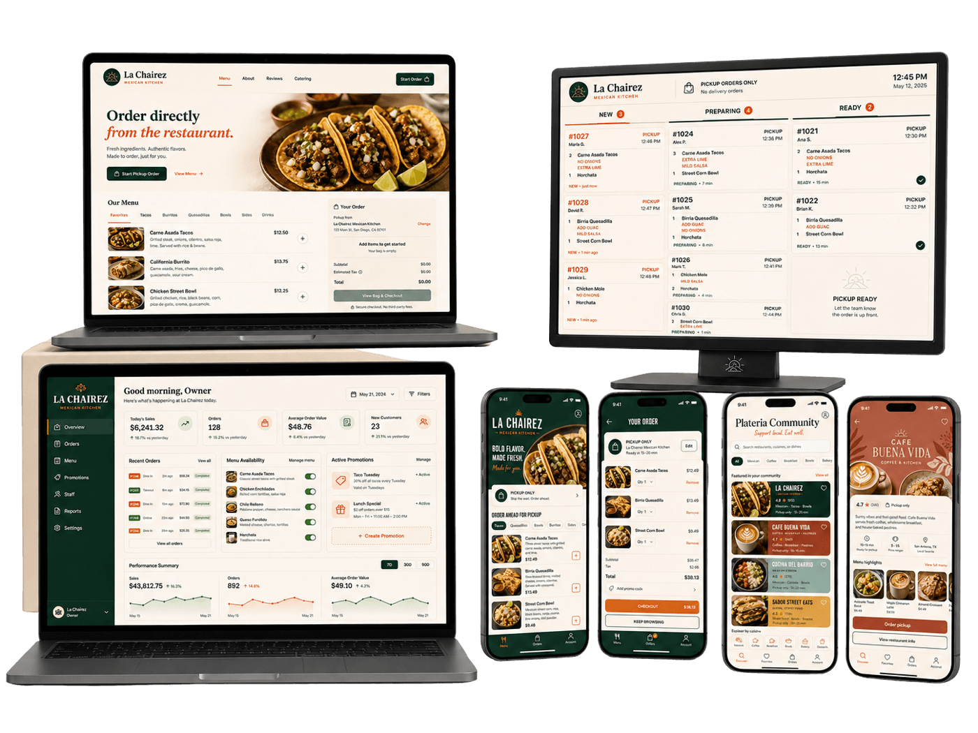 Plateria ordering website, owner dashboard, kitchen display, and mobile apps